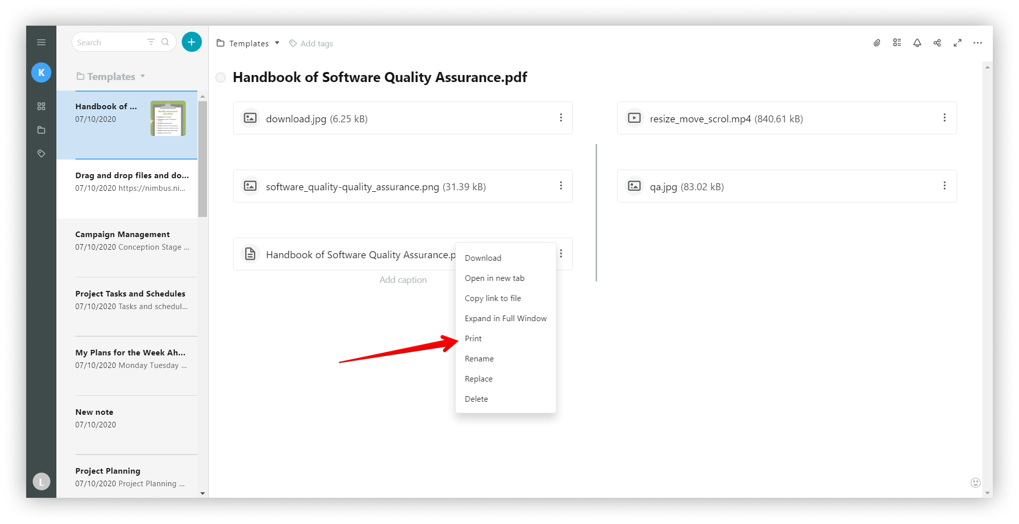 Print function is available for PDF files. Go to the menu and select Print.